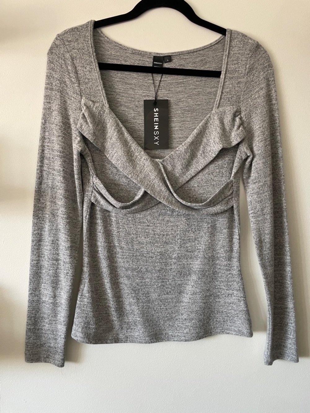 Shein|Marled Gray Cross Detail Long Sleeve Y2K Top|Large|NWT
